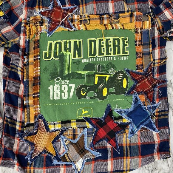 Upcycled Flannel Shirt Shacket Womens XL Tractor Plow  Grunge Patchwork Folk Art - Picture 9 of 11